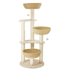 EcoMeows 136 cm-Rattan Natural Condo-Große Katzen spiel möbel-Moderner Kratz baum-Kletter pfosten Barsch-Liege bett