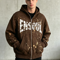 Sweat à capuche zippé 100 % coton personnalisé, imprimé lettres effet éclaboussures de peinture, avec effet délavé vintage, coupe oversize, style streetwear