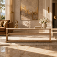 Table console basse de luxe à structure stable avec pieds courbés, base en bois massif et plateau en marbre, pour l'approvisionnement des villas et des gîtes