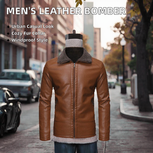 Custom <b>Men's</b> <b>leather</b> <b>Jacket</b> with Fur Collar Autumn Windproof Breathable Hooded Casual Zipper Motorcycle <b>Jacket</b> - Product Image 2