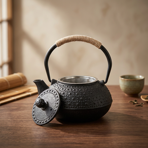 Théière en métal traditionnelle chinoise avec couvercle et poignée, design texturé noir - Product Image 3