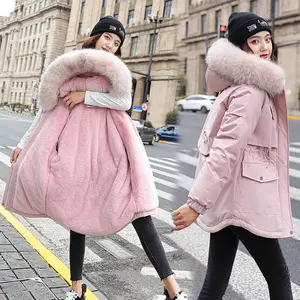 Neue Herbst Winter Frauen Mädchen Reiß verschluss einfarbigen Pelz kragen Kapuze Baumwolle gepolsterten Mantel mittellang verdicken warmen Mantel Mantel