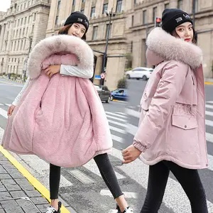 Nuovo autunno inverno donna ragazze cerniera tinta unita collo di pelliccia con cappuccio cappotto imbottito in cotone di media lunghezza addensare cappotto caldo soprabito