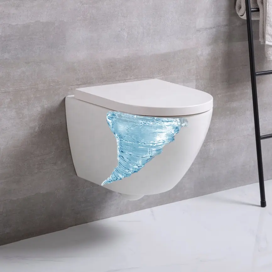 Space saving bathroom water closet wc mounted toilet support cyclone mute flush wall hung toilet bowl rimless toilets