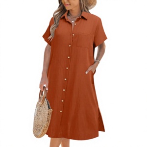 Cotton Bamboo Fiber Solid Color Turn Down Collar Short Sleeve Button Front <b>Loose</b> Midi Shirt <b>Dress</b> With Pockets Casual Summer - Product Image 2