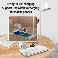Chargeur sans fil multifonctionnel 4 en 1 à charge rapide 15W, haut-parleur 5W, réveil numérique, lampe de lecture de bureau