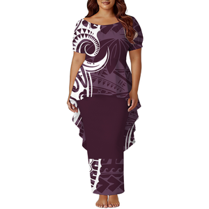 Nuevo Vestido Personalizado Estilo Polinesio Hawaiano para Mujer, Vestido de Cola de Pez Samoano Puletasi, Vestidos Largos Elegantes de Poliéster con Mangas Cortas Abullonadas, 2 Piezas - Product Image 1