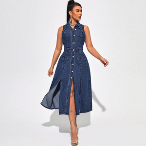 218777 #   <span class=keywords><strong>Site</strong></span> web indépendant <span class=keywords><strong>de</strong></span> vêtements pour femmes : Nouvelle robe en jean sans manches, fendue, cintrée à la taille, vente directe - Product Image 4