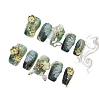 Faux ongles à presser en gros, faits à la main, verts, peints à la main, forme courte, en acrylique