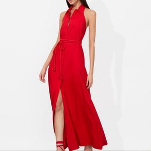 Robe longue chic rouge personnalisée à col halter avec cordon de serrage à la taille, idéale pour les vacances et les événements, robe sexy à décolleté plongeant en V - Product Image 2