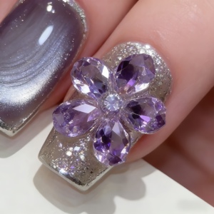 Uñas postizas francesas de cristal morado, acrílicas, hechas a mano, con formas cuadradas/almendradas y longitudes cortas/medianas, 10 piezas - Product Image 5