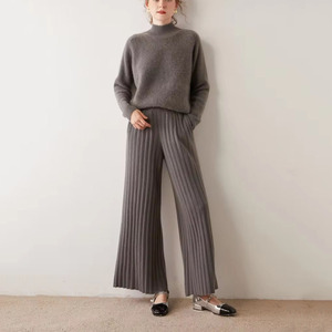 Conjunto de suéteres de talla grande para mujer de invierno, trajes de punto informales, Top de cuello alto de Cachemira de lana, <span class=keywords><strong>pantalones</strong></span> largos plisados, conjunto doble de 2 piezas - Product Image 1