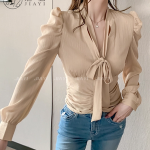 2025 nuova camicetta in <span class=keywords><strong>Chiffon</strong></span> da <span class=keywords><strong>donna</strong></span>-elegante camicia con colletto a fiocco in stile coreano con spalline tinta unita-collezione primavera-bordi arruffati - Product Image 5