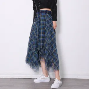 Twotwinstyle Groothandel Colorblock Plaid Vintage A Line Rok Voor Vrouwen Hoge Taille Patchwork Knooprok Mode Kleding