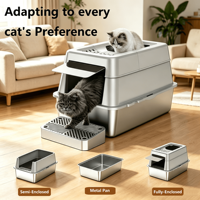 Nouvelle conception de bac à litière pour chat en acier inoxydable avec pelle, design à bords hauts et dessus ouvert, toilette pour chat écologique
