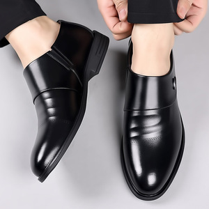Chaussures en cuir à enfiler pour hommes, bout pointu, noires, mocassins formels d'affaires, talon bas, chaussures décontractées tendance, fermeture à enfiler - Product Image 1