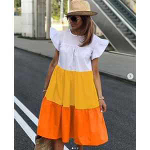 Casual Dress Women Three Color Patchwork <b>Elastic</b> Waist O Neck Full <b>Skirt</b> Leisure Style Contrast Color Print Dress - Product Image 2