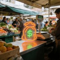 Letrero LED de Neón Personalizado al por Mayor con Diseño de Bolsa de Dinero en Contraste Naranja y Verde para Tienda, Cajero, Blogger Financiero, Luz Temática de Fortuna