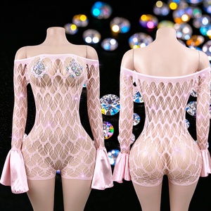 W.E. Thiết kế Thiết kế siêu căng Câu lạc bộ trang phục cho Phụ nữ sexy Fishnet cực nhảy Rhinestone kỳ lạ dancewear vũ nữ Thoát y trang phục - Product Image 1
