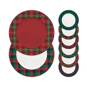Personalizable Impreso Rojo Verde Navidad Mesa Decorativa Tartán Plaid Redondo Plástico Cargador Placas