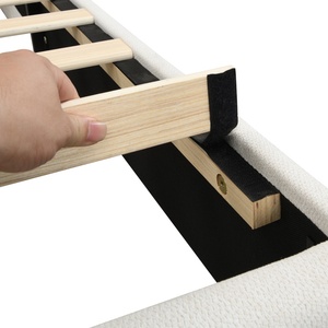 Cadre de lit King Size en chenille avec tête de lit haute et plateforme rembourrée à motif ondulé, lit plateforme moderne sans <span class=keywords><strong>sommier</strong></span>, ivoire - Product Image 6