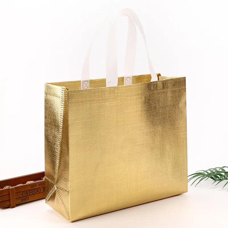 Bolsa de comestibles reutilizable con purpurina brillante personalizada, bolsa de compra de oro holográfico impermeable, no tejida laminada, regalo de promoción