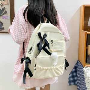 Dropshipping Nylon Women <b>Large</b> Capacity College Backpack Cute <b>Bow</b> Pleated Stylish Student Daily Shoulder Handbag - Product Image 3
