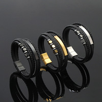Bracelet en cuir tressé géométrique multicouche en tungstène pour homme avec boucle magnétique – Style épuré