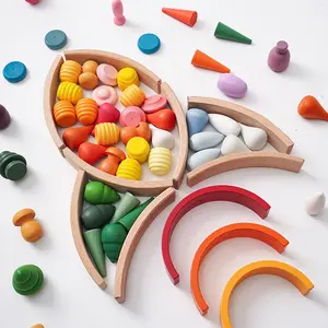 Children's Cute Wooden Toy Set Pretend Play Montessori Educational Children Colorful Rainbow Building Blocks For Kids Baby