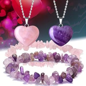 Conjuntos de Joyería de Moda para Mujer Explosiones Collar de Corazón Pequeño de Piedra Natural y Pulsera de Cristal Curativo 2/Paquete - Product Image 2