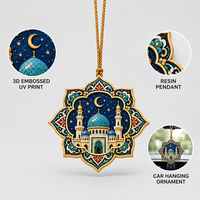 Pendentif de voiture en résine UV musulmane, ornements suspendus 3D en relief mosquée, lune et étoile, décoration murale pour la maison, souvenir du Ramadan, de l'Aïd, du Hajj et de l'Omra