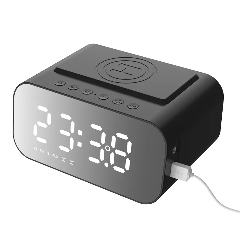 Espelho Surface Clock Bluetooth Speaker com Carregamento Sem Fio Despertador Duplo Portátil para Desktop 15W Carregador Sem Fio Rápido