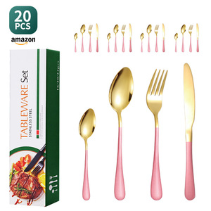 ชุดช้อนส้อมสแตนเลส 20 ชิ้น ด้ามจับสีทองชมพู สำหรับงานเลี้ยงอาหารค่ำ พร้อมกล่องของขวัญ - Product Image 1