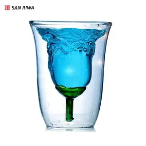 120ml Juice Drink Glass Bar Restaurant Art Lovely Rose Shape Transparent Double Wall Glass Whiskey Cup