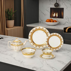Juego de vajilla de <span class=keywords><strong>porcelana</strong></span> blanca creativa con borde de cuentas doradas, plato y <span class=keywords><strong>platos</strong></span> modernos ecológicos para decoración del hogar o boda - Product Image 2