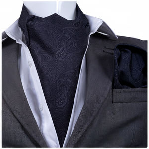 ชุดผ้าเช็ดหน้า Ascot สำหรับผู้ชาย Exve Exclusive สีดำ ผ้าซาติน 100% ผ้าไหมพิมพ์ลาย Paisley ดิจิทัล ดีไซน์ทันสมัยสำหรับงานทางการ ผลิตในตุรกี - Product Image 2
