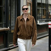 Manteau en daim et cuir de mouton pour femme, style motard vintage classique, fermeture éclair, coupe-vent, idéal pour le printemps et le quotidien urbain décontracté