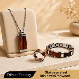 Ensemble de <span class=keywords><strong>bijoux</strong></span> architecturaux géométriques en acier inoxydable 316L avec incrustation de bois naturel, style minimaliste, cadeau pour garçons d'honneur, support OEM personnalisé - Product Image 1