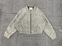 Blouson aviateur homme en mélange coton-polyester gris délavé avec poche 3D et patchwork à rivets, coupe-vent, effet vieilli