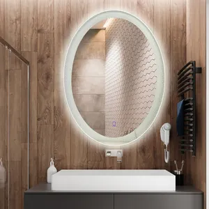 Новый дизайн, овальное настенное светодиодное зеркало для ванной комнаты с сенсорным выключателем и лазерным узором