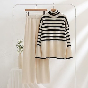 Hiver Mode féminine Casual Striped Turtleneck Knitted Loose Oversized Top Pants 2 Piece Suit Plus Size Sweater - Product Image 2