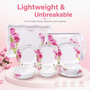 Service de vaisselle en mélamine motif rose, plateau, bol, assiette, qualité supérieure, compatible alimentaire, style zen asiatique, couleur personnalisable - Product Image 1