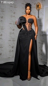 Abiti da sera a sirena nera africana con strascico a strascico a manica lunga con perline laterali Modulare abito da festa di nozze personalizzato - Product Image 3