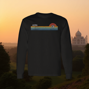 Agra Uttar Pradesh India Camiseta de manga larga con rayas de arcoíris y puesta de sol retro - Product Image 3
