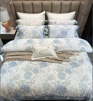 Parure de lit 4 pièces en coton Aïne anti-bactérien, motif floral bleu frais d'été, pliée, douce pour la peau, pour la maison et l'hôtel