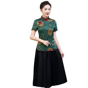 Qipao女士批发定制长袍，中国传统复古风格妈妈2件连衣裙，丝质上衣