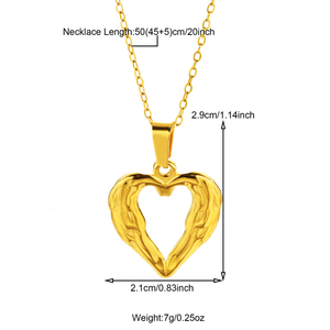 Lady's Gift 18K Gold Plated Stainless Steel Slender Link Chain Necklace with <strong>Small</strong> <strong>Hollow</strong>-out Hammered <strong>Heart</strong> <strong>Pendant</strong>
