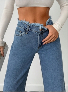 <span class=keywords><strong>Taille</strong></span> haute 100% coton Simple Denim Jeans pour femmes grandes poche avant frange garniture décontracté Fit Jeans Non extensible Pantalon - Product Image 2