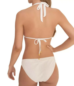 Conjunto de bikini de dos piezas con textura de panal ecológica de alta calidad, personalizado al por mayor, con corte alto y accesorios dorados, para playa y natación. - Product Image 6