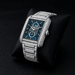 Montre de luxe pour homme, mouvement à quartz, acier inoxydable, cadran bleu, pavé de diamants, rectangulaire, fermoir caché, 41 mm, résistante à l'eau 3 BAR - Product Image 1